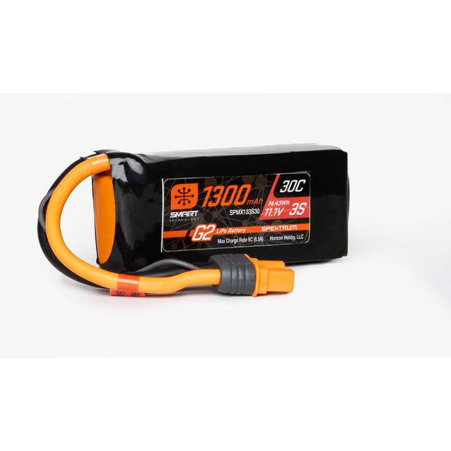 Spektrum 1300mAh 3S 11.1V Smart G2 LiPo battery with 30C discharge, shown with IC3 connector for RC models
