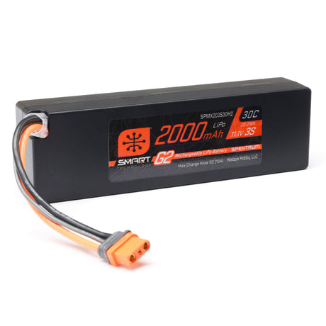 Spektrum 11.1V 2000mAh 3S 30C Smart G2 LiPo Battery with IC2 connector, shown in a close-up view.