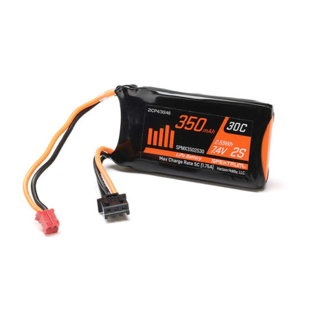 Spektrum 350mAh 2S LiPo battery with PH2.0 connector for SCX24 remote control car, compact and rechargeable.
