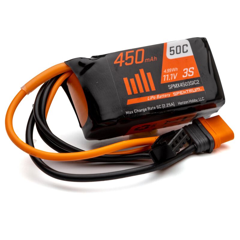 Spektrum 450mAh 3S 11.1V 50C LiPo battery with IC2 connector, compact and lightweight for RC hobby use.