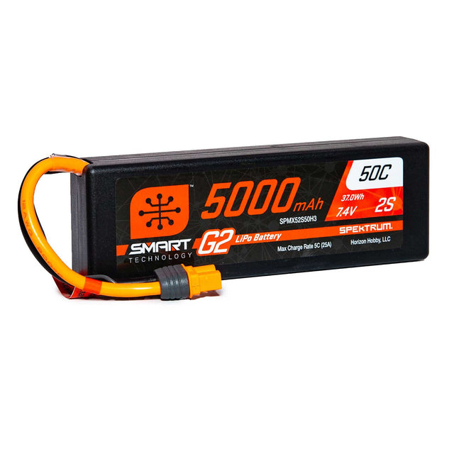 Spektrum 55000mAh 2S 7.4V Smart G2 LiPo hard case battery with IC3 connector, high-capacity RC power source.