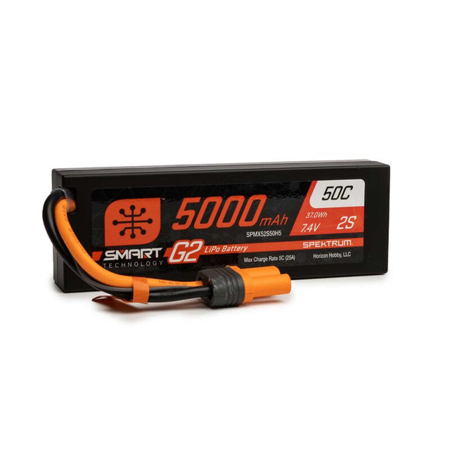 Spektrum 5000mAh 2S 7.4V Smart G2 LiPo battery with hard case, 50C discharge, for RC models