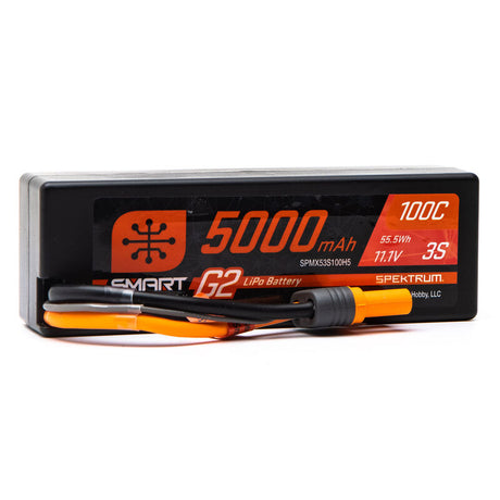Spektrum 5000mAh 3S 11.1V Smart G2 hard case LiPo battery with 100C discharge rate for RC models, shown in the image.