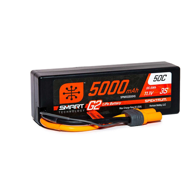 Spektrum 5000mAh 3S 11.1V Smart G2 LiPo hard case battery for RC cars, showing the battery's size and connectors.