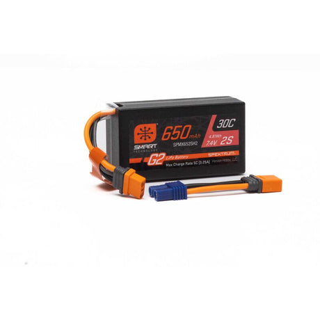 Spektrum 7.4V 650mAh 2S Smart G2 hardcase LiPo battery with 30C discharge rate and IC2 connector.