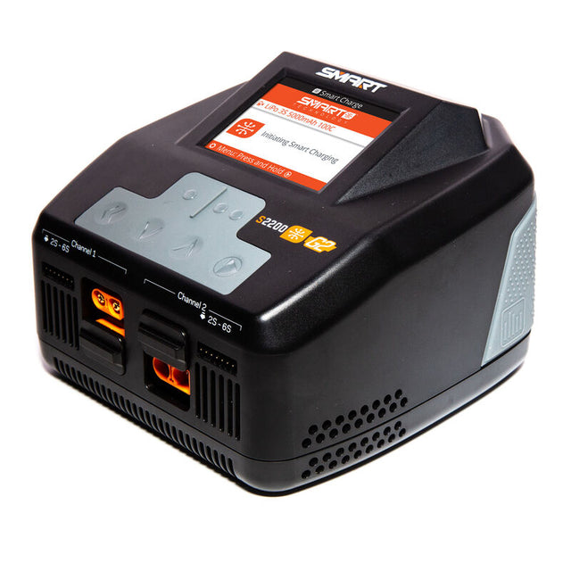 Spektrum S2200 G2 AC 2x200W smart charger with digital display and multiple charging ports for RC batteries.