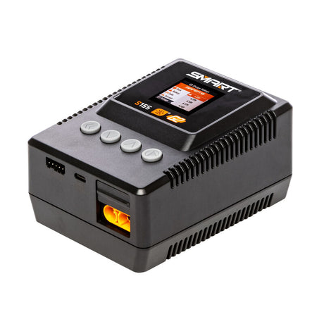 Spektrum S155 55W AC G2 Smart Charger for RC batteries, compact black device with digital display and connection ports.
