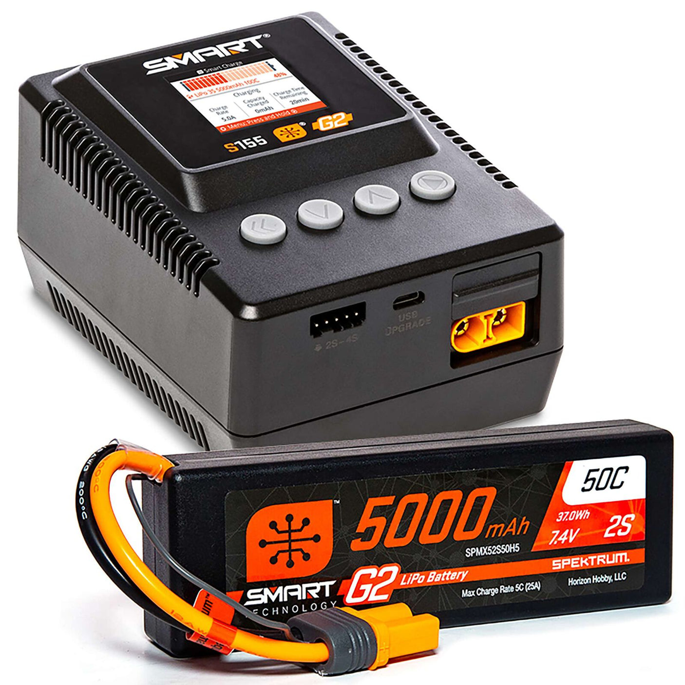 Spektrum Smart Powerstage 2s bundle with G2 5000mAh 2S LiPo battery, IC5 connector, and S155 charger for RC applications