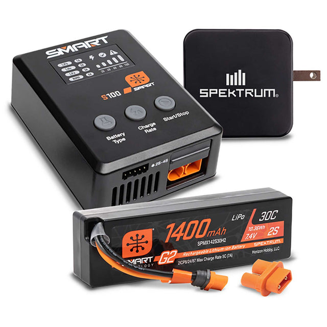 Spektrum Smart Powerstage bundle with 1400mAh 2S LiPo battery and S100 charger for RC models.