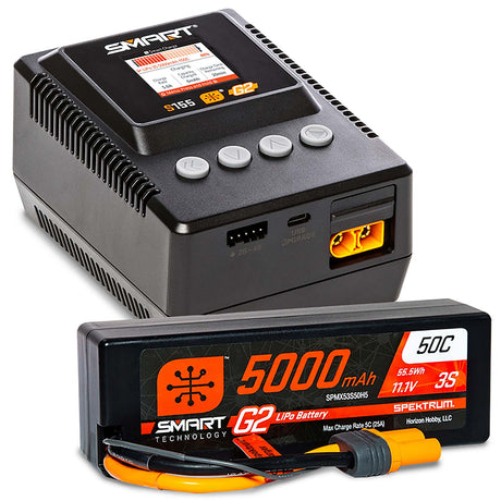 Spektrum Smart Powerstage 3S bundle with G2 5000mAh LiPo battery, IC5 connector, and S155 charger, ready for RC models.