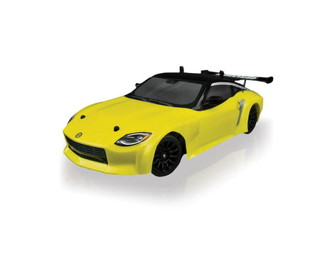 Yellow Team Associated SR27 Nissan Z RTR RC car with detailed exterior, ready for off-road racing.