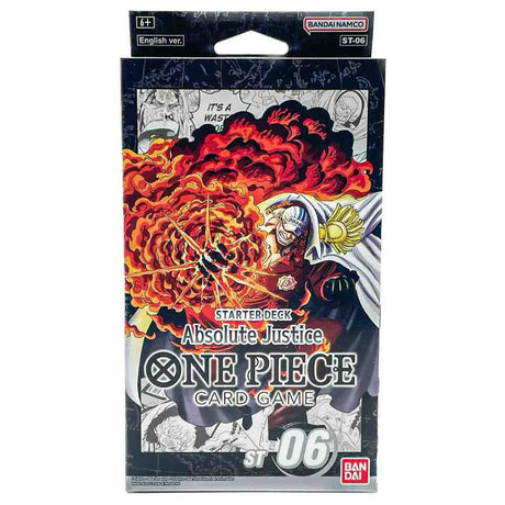 Bandai One Piece TCG Absolute Justice Starter Deck (ST-06) featuring colorful character cards and game components on a tabletop.