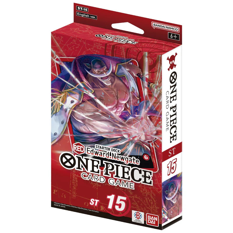 Bandai One Piece TCG Edward Newgate Starter Deck (ST-15) featuring cards and packaging with character artwork and game components.