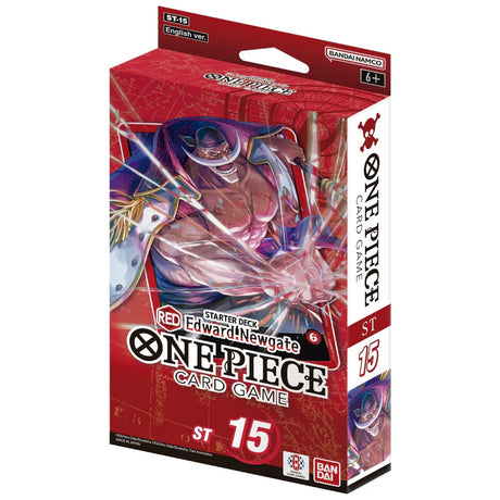 Bandai One Piece TCG Edward Newgate Starter Deck (ST-15) featuring cards and packaging with character artwork and game components.