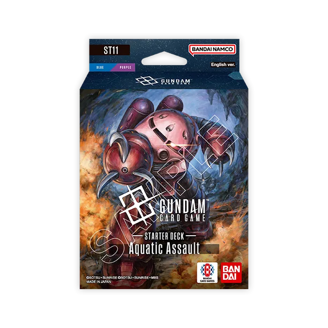Bandai Gundam Starter Deck Aquatic Assault (ST-11) with colorful Gundam character cards displayed on a white background.