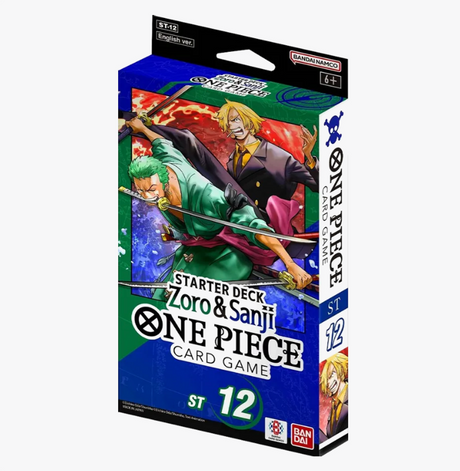 Bandai One Piece TCG Zoro and Sanji Starter Deck, featuring character cards and game accessories from the ST-12 set.