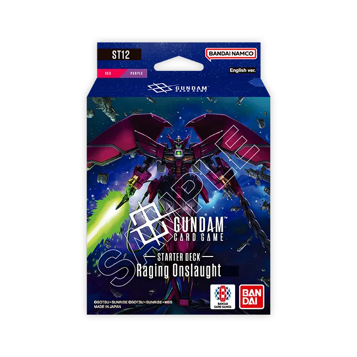 Bandai Gundam Starter Deck Raging Onslaught (ST-12) card game deck featuring colorful Gundam-themed cards and artwork.