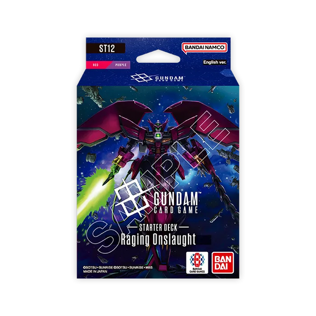 Bandai Gundam Starter Deck Raging Onslaught (ST-12) card game deck featuring colorful Gundam-themed cards and artwork.
