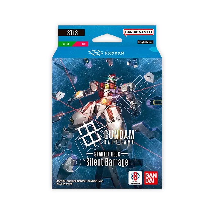 Bandai Gundam Starter Deck Silent Barrage (ST-13) card game deck, featuring colorful Gundam-themed artwork and game components.