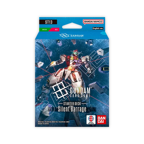 Bandai Gundam Starter Deck Silent Barrage (ST-13) card game deck, featuring colorful Gundam-themed artwork and game components.