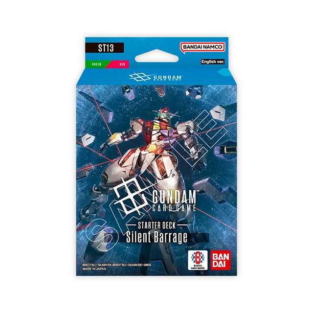 Bandai Gundam Starter Deck Silent Barrage (ST-13) card game deck, featuring colorful Gundam-themed artwork and game components.