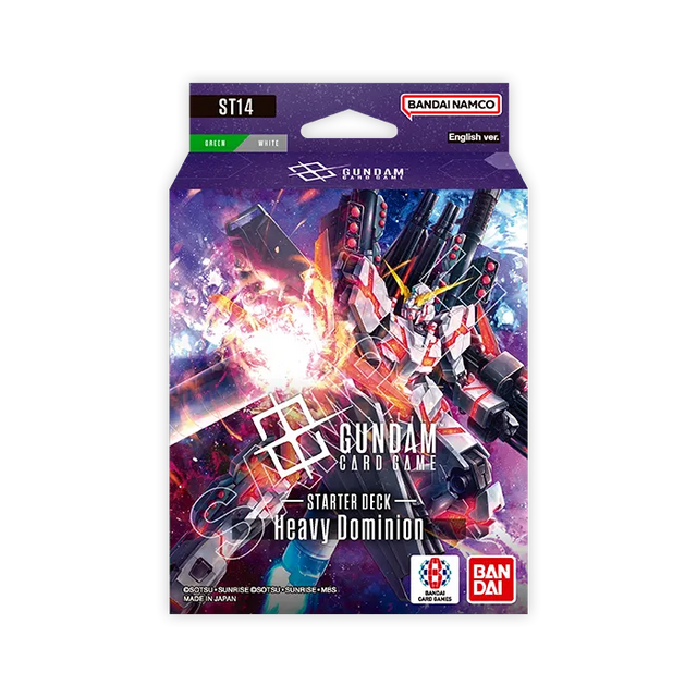 Bandai Gundam Starter Deck Heavy Dominion (ST-14) card deck, featuring detailed artwork on a white background.