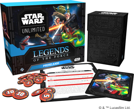 Star Wars Legends of the Force prerelease box by Fantasy Flight Games, featuring collectible cards and game accessories.