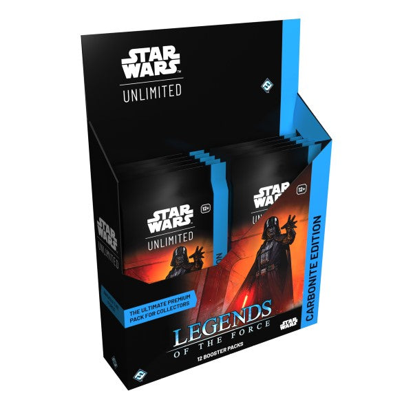 Star Wars Legends of the Force Carbonite Booster Box by Fantasy Flight Games showing colorful card packs and packaging.