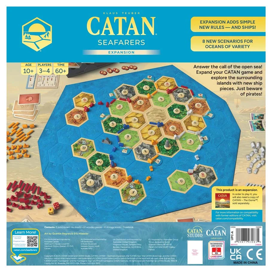 Back of the Catan: Seafarers Expansion 6th Edition box showing map tiles, ships, and game pieces from Catan Studio.