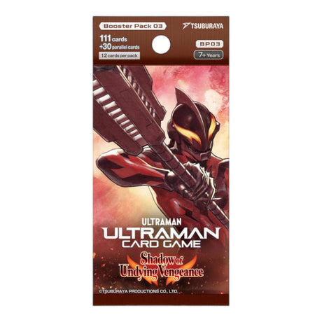 Shadow of Undying Vengeance booster pack for Ultraman TCG collectible trading cards by Tsuburaya, featuring vibrant graphics on the packaging.