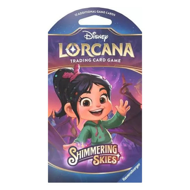 Lorcana Shimmering Skies Sleeved Booster pack with colorful card sleeves and booster cards from the Lorcana TCG set.