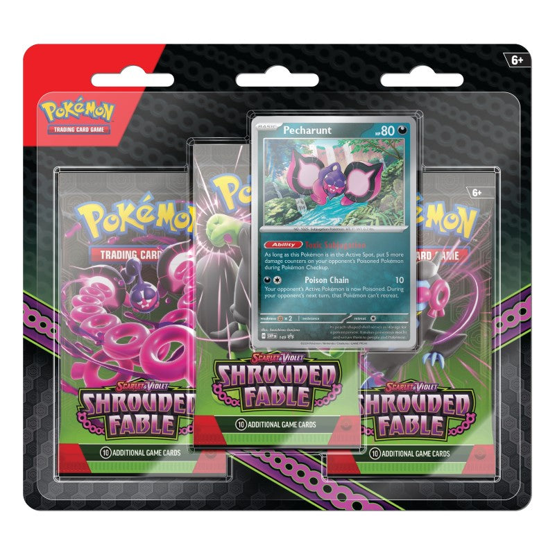 Pokémon TCG Shrouded Fable 3-Booster Blister featuring three booster packs with Pokémon cards and themed artwork.