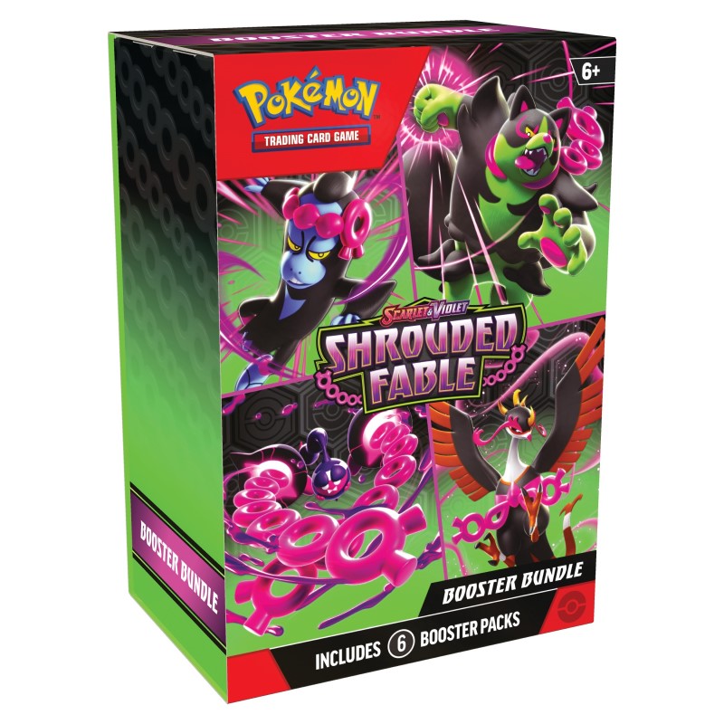 Pokémon TCG Shrouded Fable Booster Bundle with multiple booster packs featuring Pokémon cards and vibrant artwork.