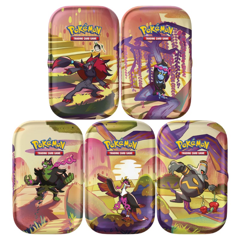 Assorted Pokémon Shrouded Fable Mini Tins featuring Pokémon TCG cards and collectible artwork in compact display tins.