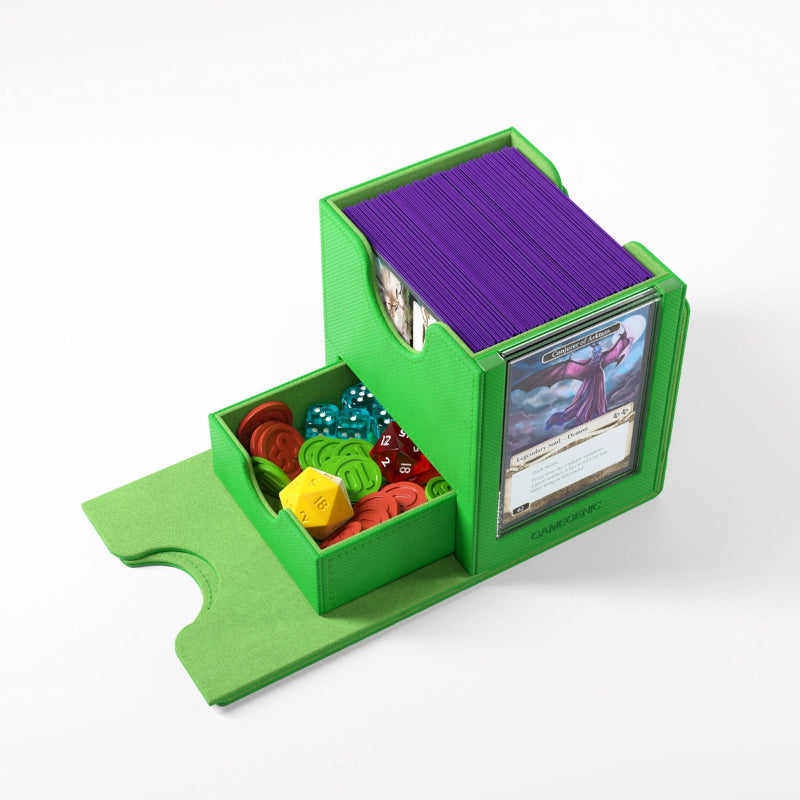 Green Gamegenic Sidekick PRO 100+ XL convertible storage case with adjustable compartments for trading cards and collectibles.