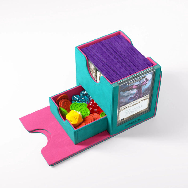 Gamegenic Sidekick PRO 100+ XL convertible storage case in teal and pink with multiple compartments and adjustable dividers.