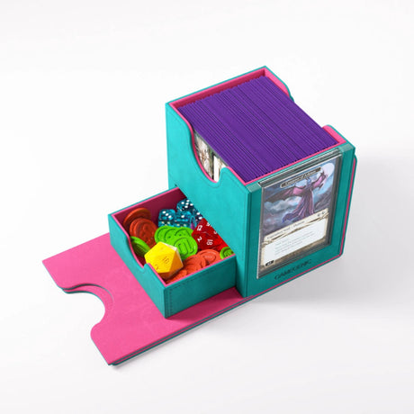 Gamegenic Sidekick PRO 100+ XL convertible storage case in teal and pink with multiple compartments and adjustable dividers.