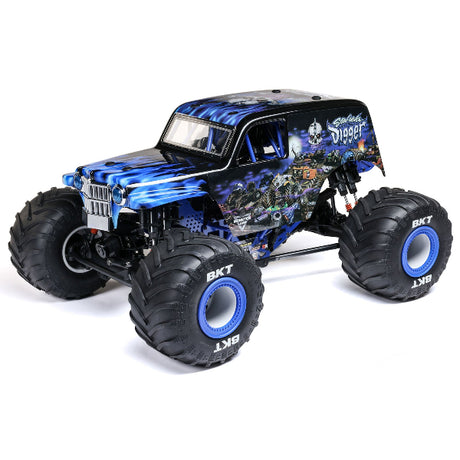 Losi Son-Uva Digger LMT 2.0 1/8 scale RC monster truck with detailed body and large rugged tires on rough terrain.