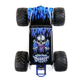 Losi Son-Uva Digger LMT 2.0 1/8 scale remote control monster truck on rugged terrain during daytime.
