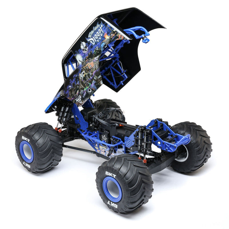 Losi Son-Uva Digger LMT 2.0 1/8 scale remote control monster truck on rugged terrain with detailed body and large tires.