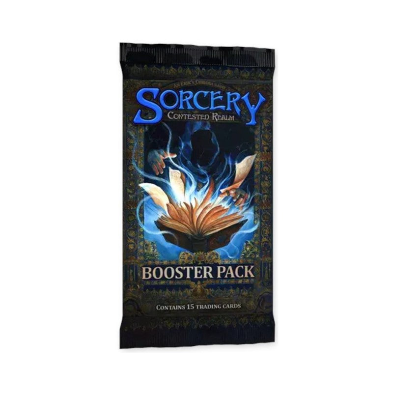 Sorcery Contested Realm Beta Booster Pack of collectible trading cards featuring fantasy artwork and game branding.