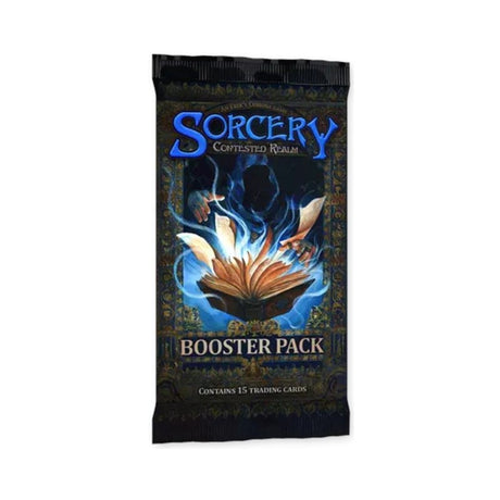 Sorcery Contested Realm Beta Booster Pack of collectible trading cards featuring fantasy artwork and game branding.