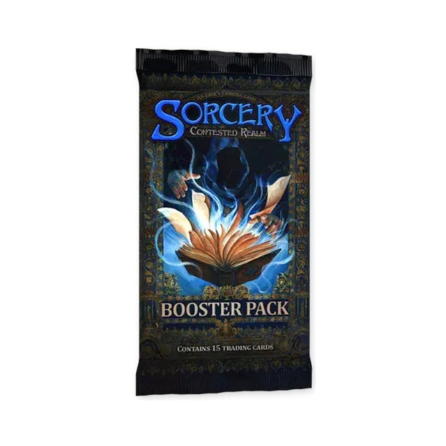 Sorcery Contested Realm Beta Booster Pack of collectible trading cards featuring fantasy artwork and game branding.