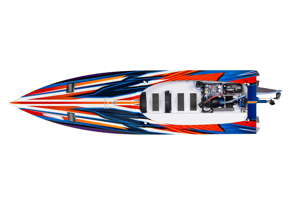 Traxxas Spartan SR 36-inch RC boat with top open view showing VXL 6S power system and detailed hull design.