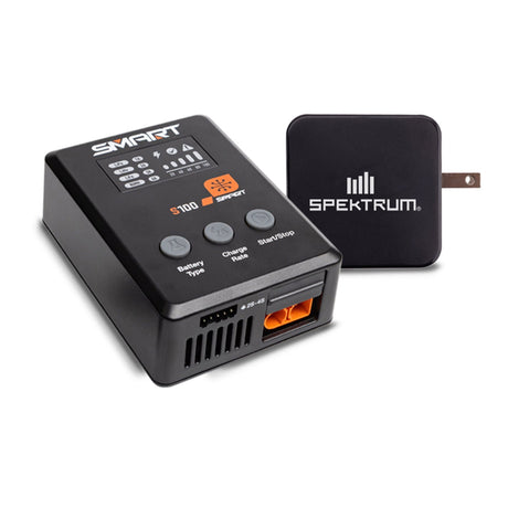 Spektrum S100 1x100W USB-C smart charger with power supply, compact device with USB-C port and adjustable charging settings.