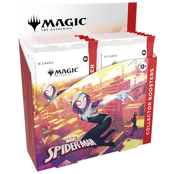 Spider-Man Collector Booster Box for Magic: The Gathering by Wizards of the Coast, featuring Spider-Man artwork and booster packs.