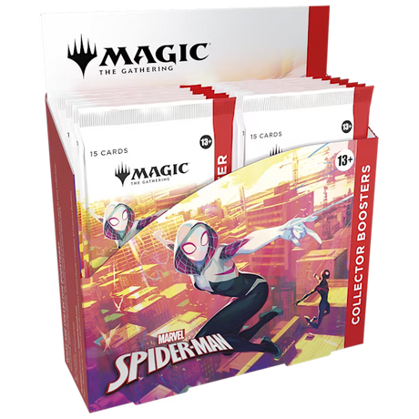 Spider-Man Collector Booster Box for Magic: The Gathering by Wizards of the Coast, featuring Spider-Man artwork and booster packs.