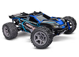 Traxxas Rustler 4X4 BL-2s radio-controlled truck shown in a dynamic action pose with detailed chassis and off-road tires.