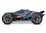 Traxxas Rustler 4X4 BL-2s radio-controlled monster truck on a dirt track, showcasing its rugged design and off-road tires.