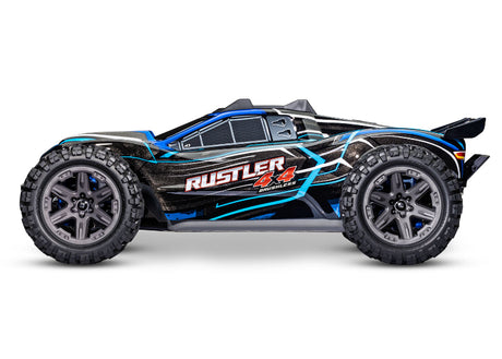 Traxxas Rustler 4X4 BL-2s radio-controlled monster truck on a dirt track, showcasing its rugged design and off-road tires.